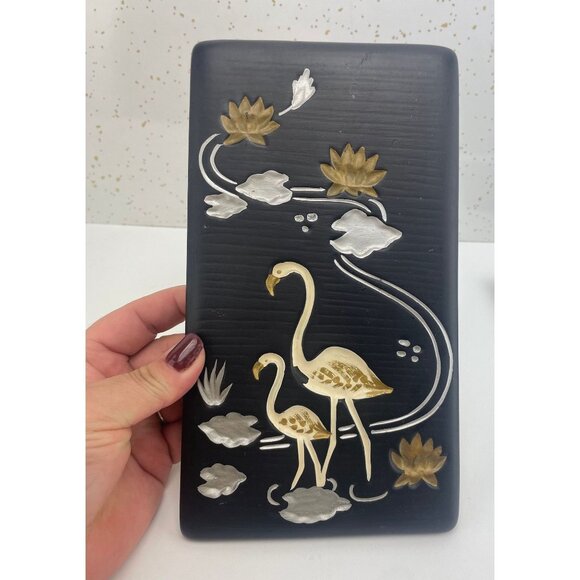 Vintage 60s chalkware, pair of flamingo plaques, black, gold, silver, GC Japan - Picture 3 of 10